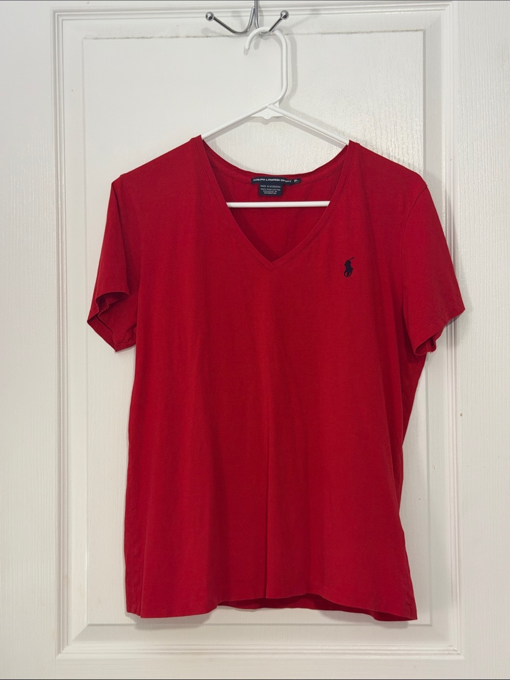 Ralph Lauren Women's Red V-Neck Polo Tee with Navy Pony